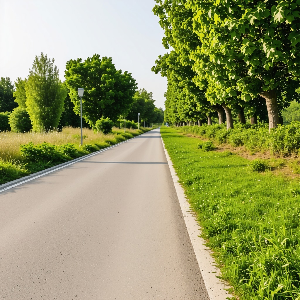 Smart bike path in Vojvodina with solar lighting and sensors surrounded by green nature and rural houses