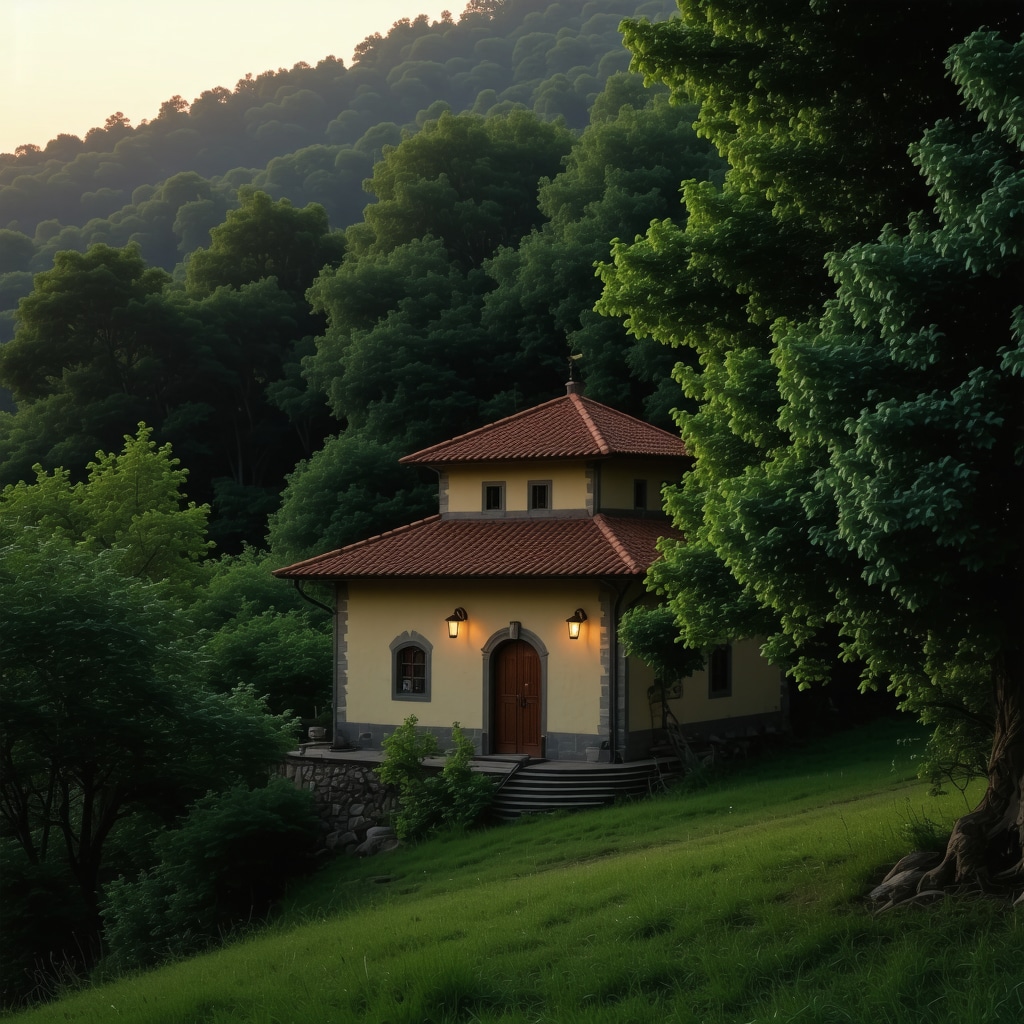 Traditional Serbian salaš with natural surroundings during sunset