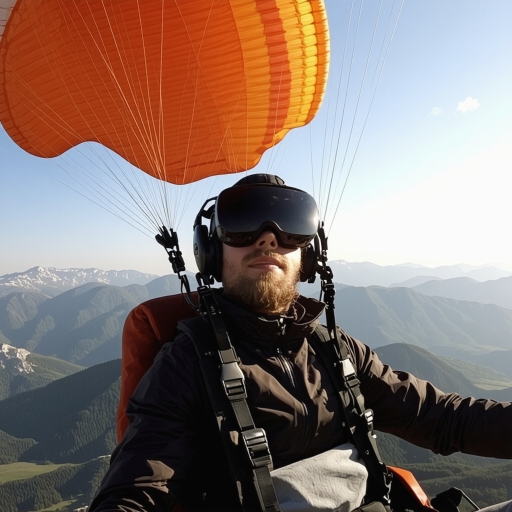 Pilot using VR headset and AI data for paragliding training over Serbian mountains