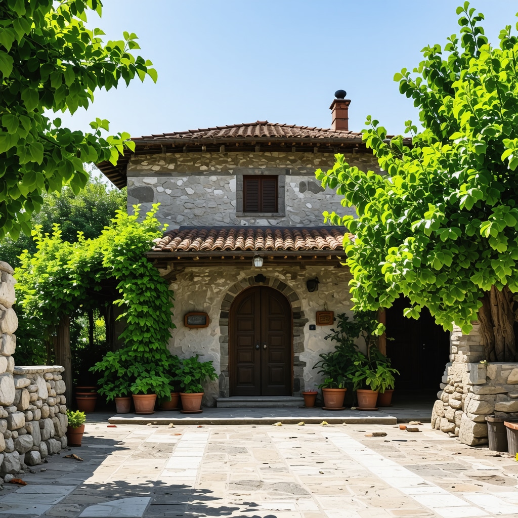 Traditional Serbian rural house with lush greenery and decorations.
