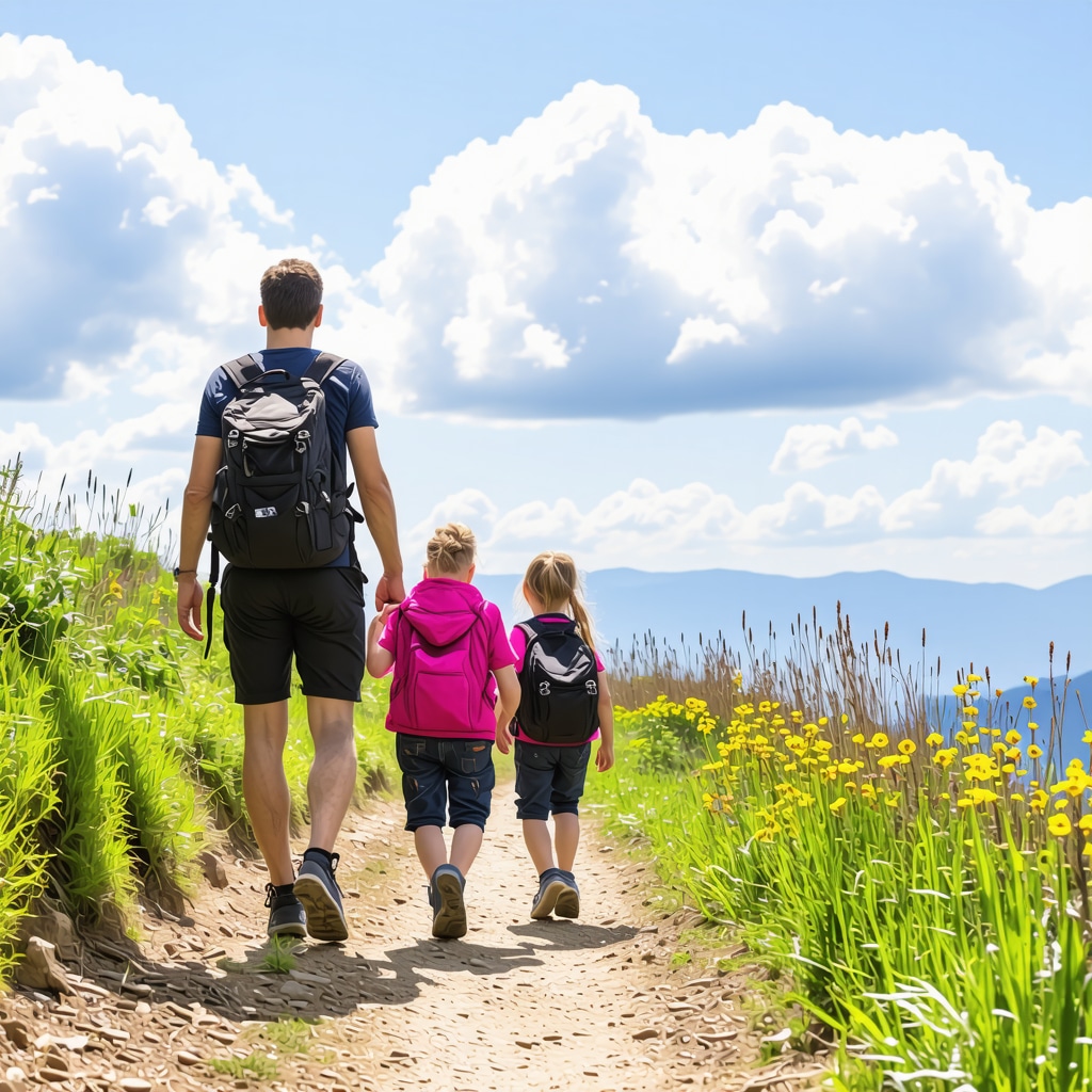Family hiking on a trail in Serbia emphasizing safety and adventure.