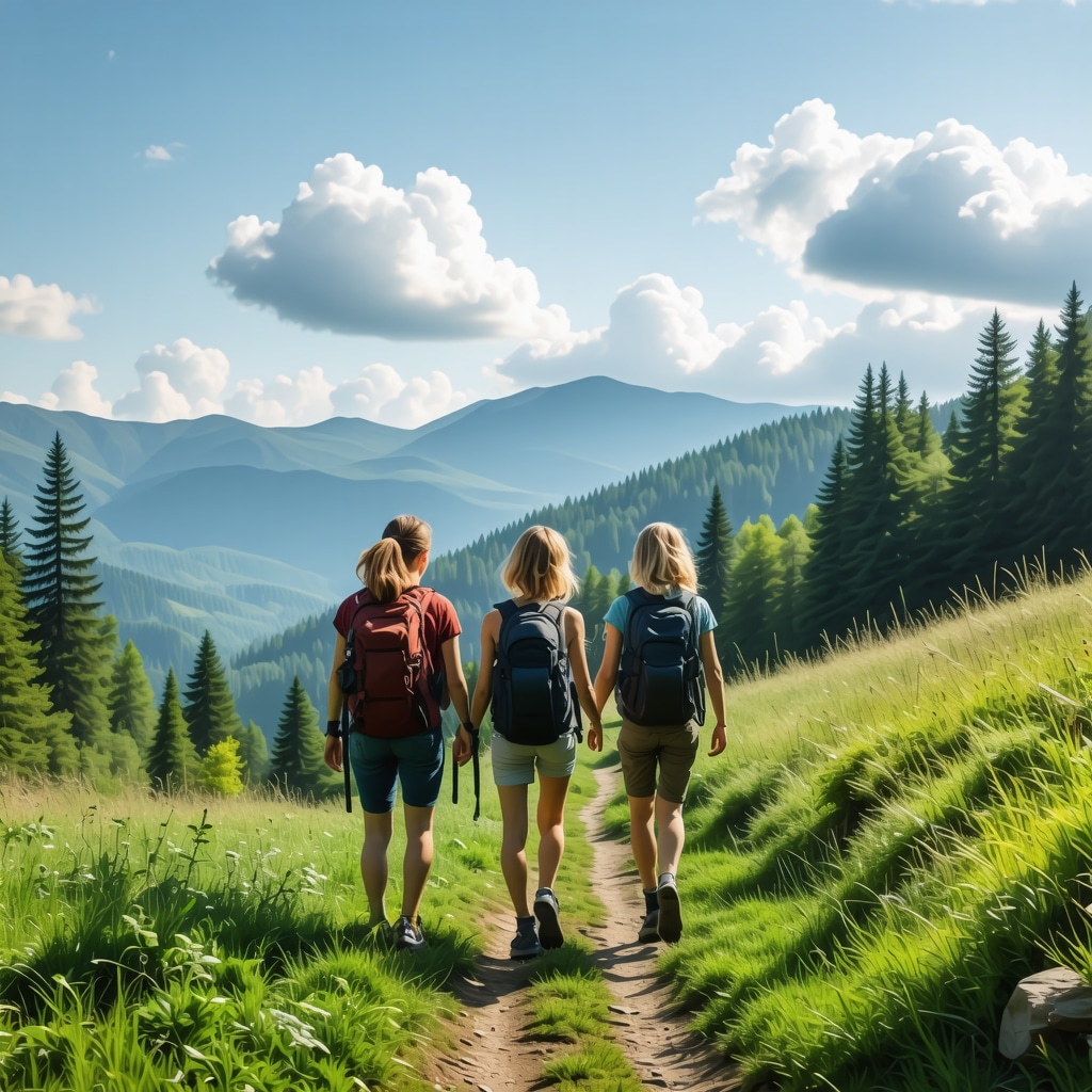 Family hiking on a trail in Serbian mountains