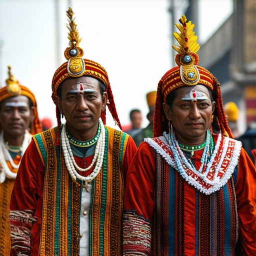 Colorful procession during Jyapunhi Jatra festival in Panauti, Nepal