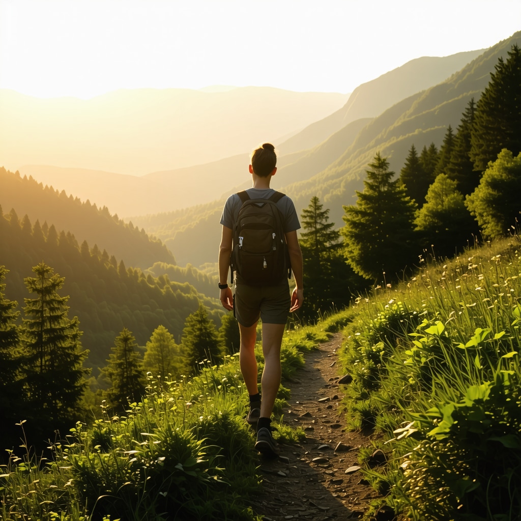 Person hiking through lush forest in Serbia during sunset
