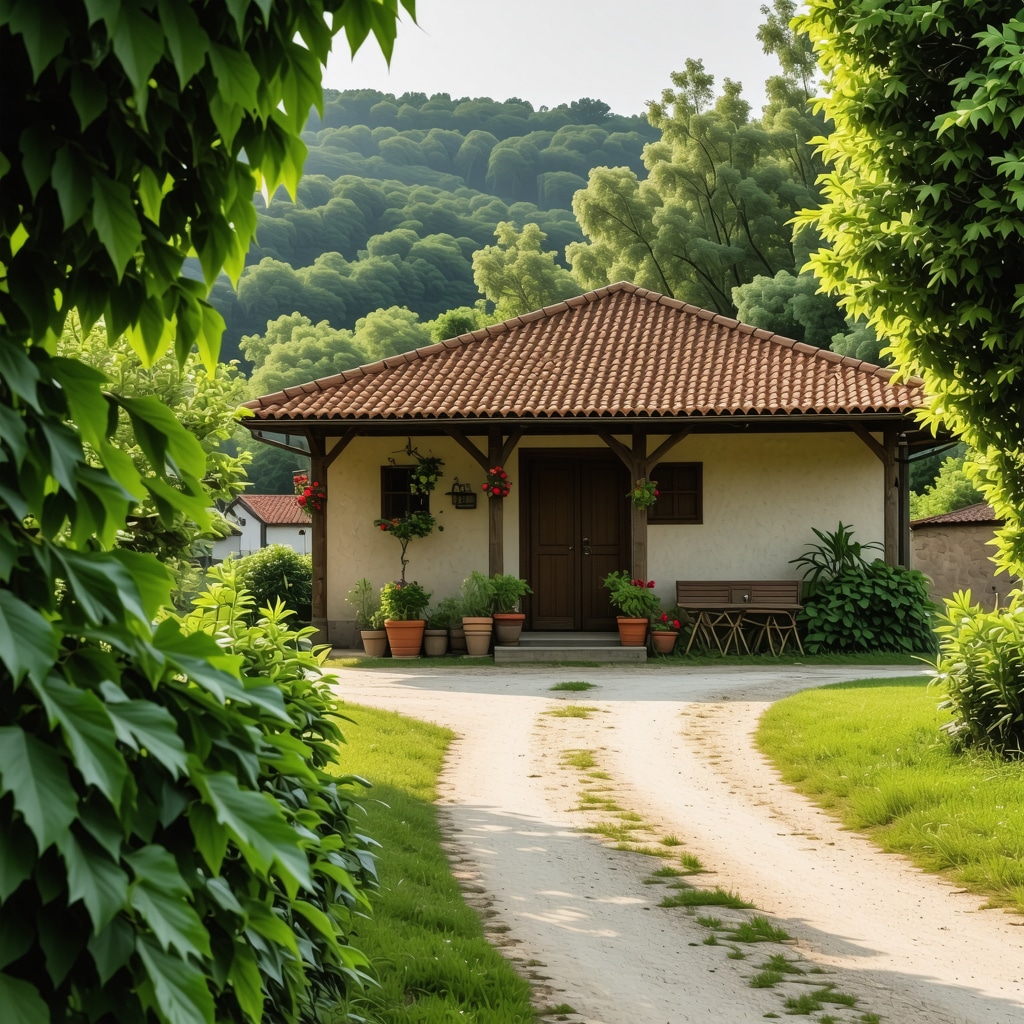 Serbian rural village showing traditional homes with people using digital devices outdoors