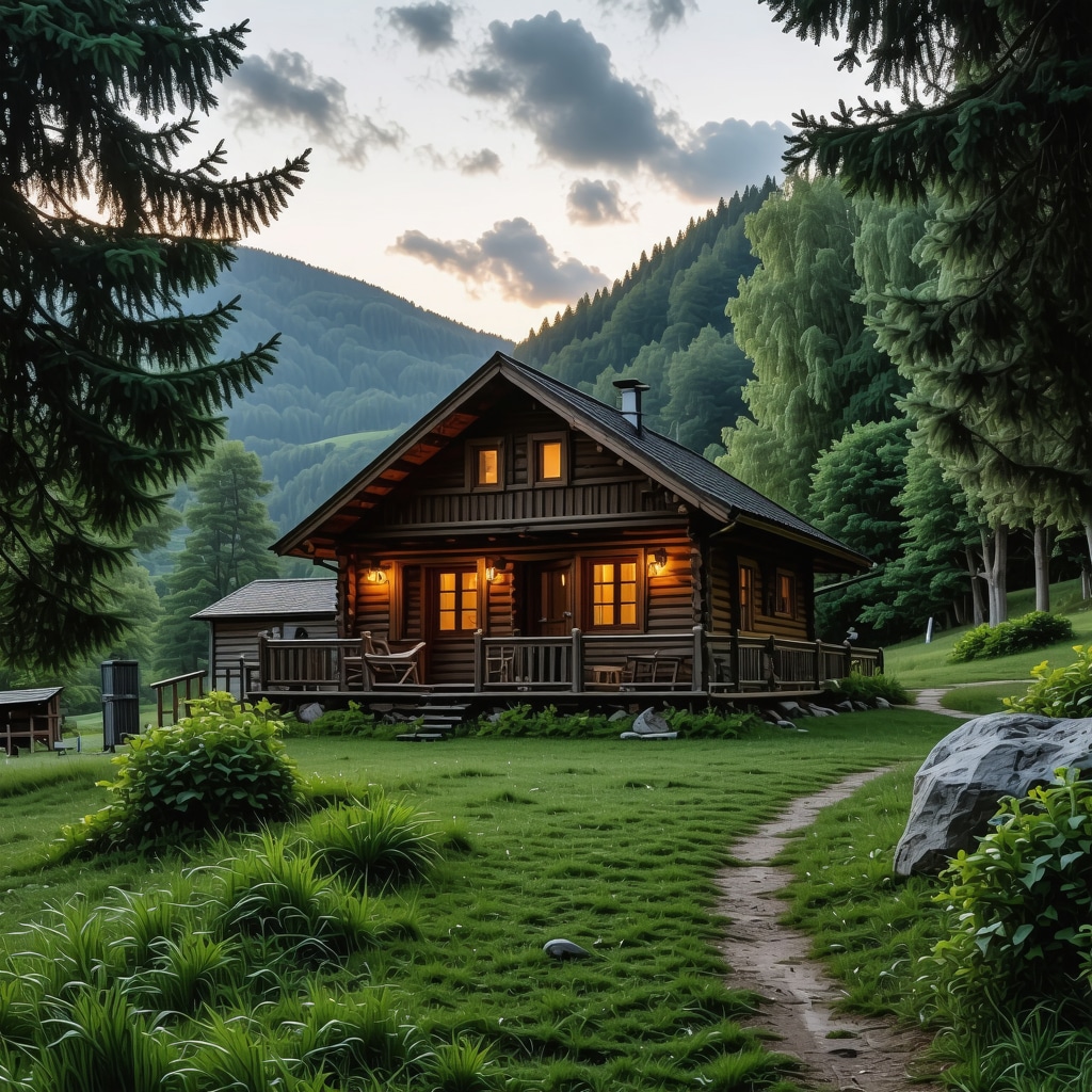 Cozy mountain cabin on Zlatibor during sunset surrounded by greenery.