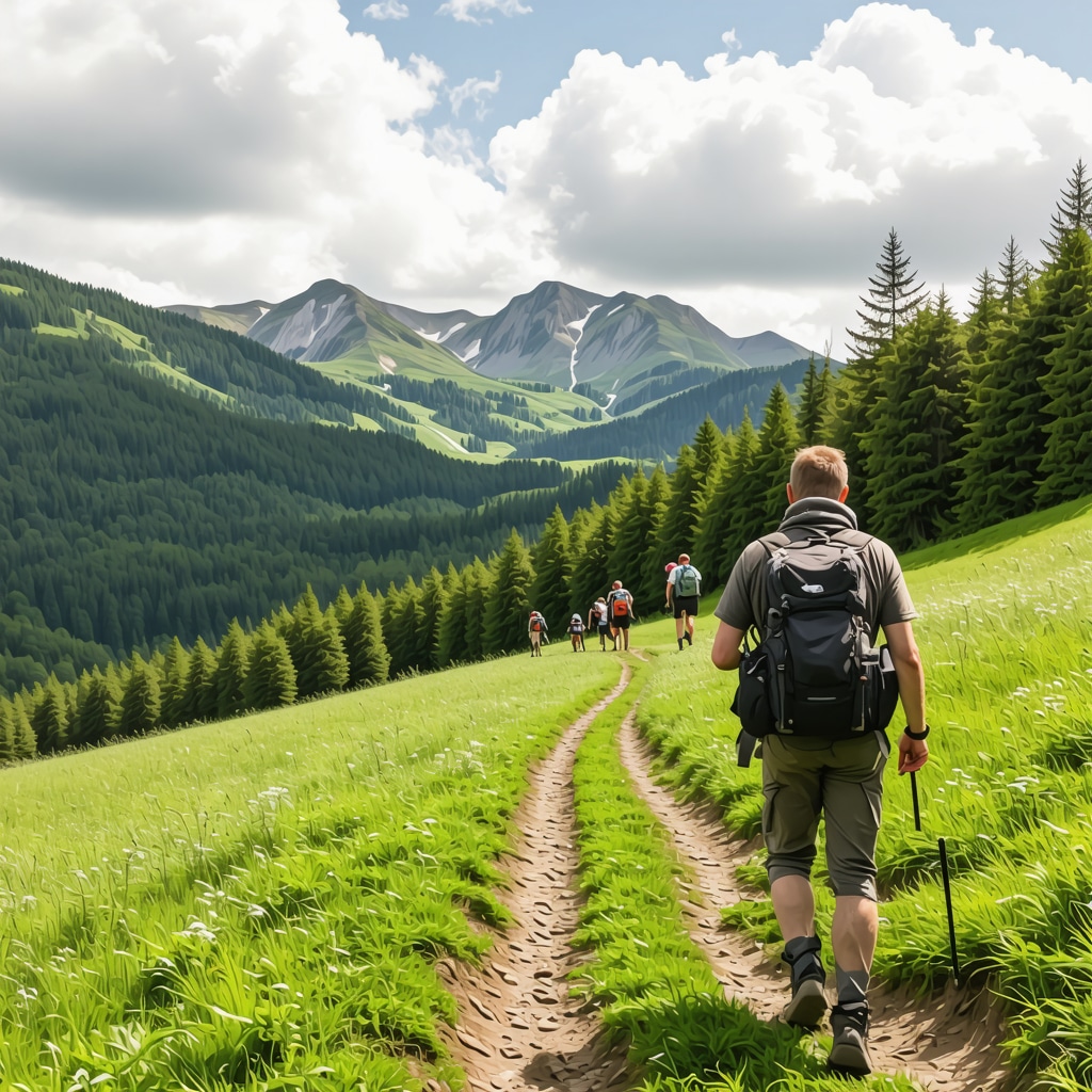 Hikers on Beljanica mountain trails using GPS devices with lush forests and changing weather