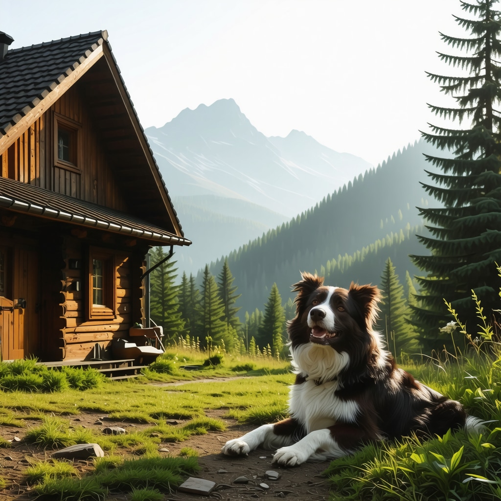 Cozy pet friendly mountain cottage with a dog in front and forest background on Tara