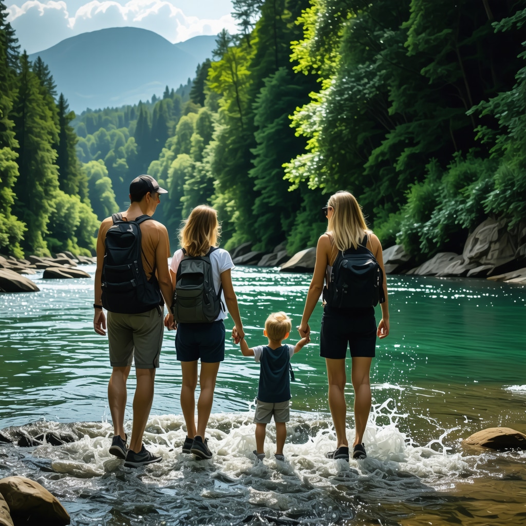 Porodica na izletu u prirodi, šuma i reka u Srbiji