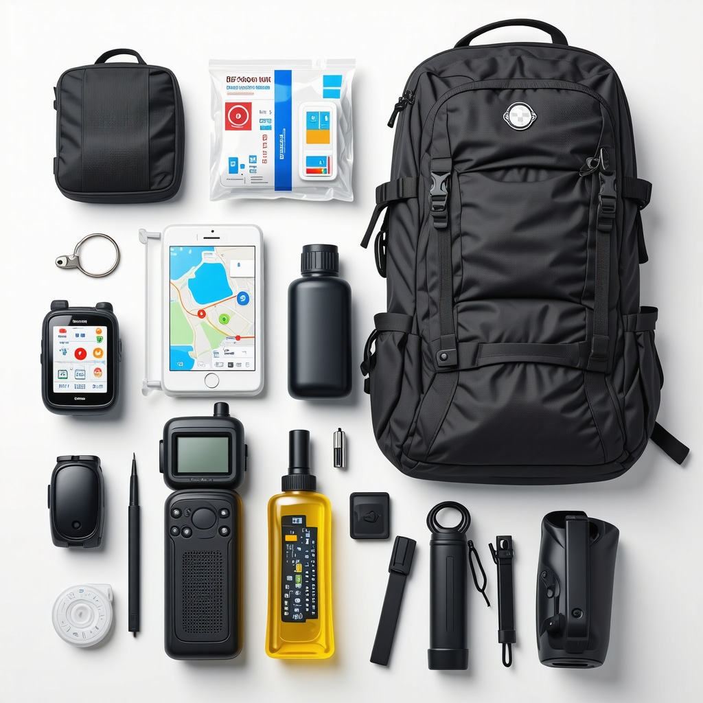 Hiking gear with GPS device, first aid kit, and trekking poles on a trail in Serbian mountains