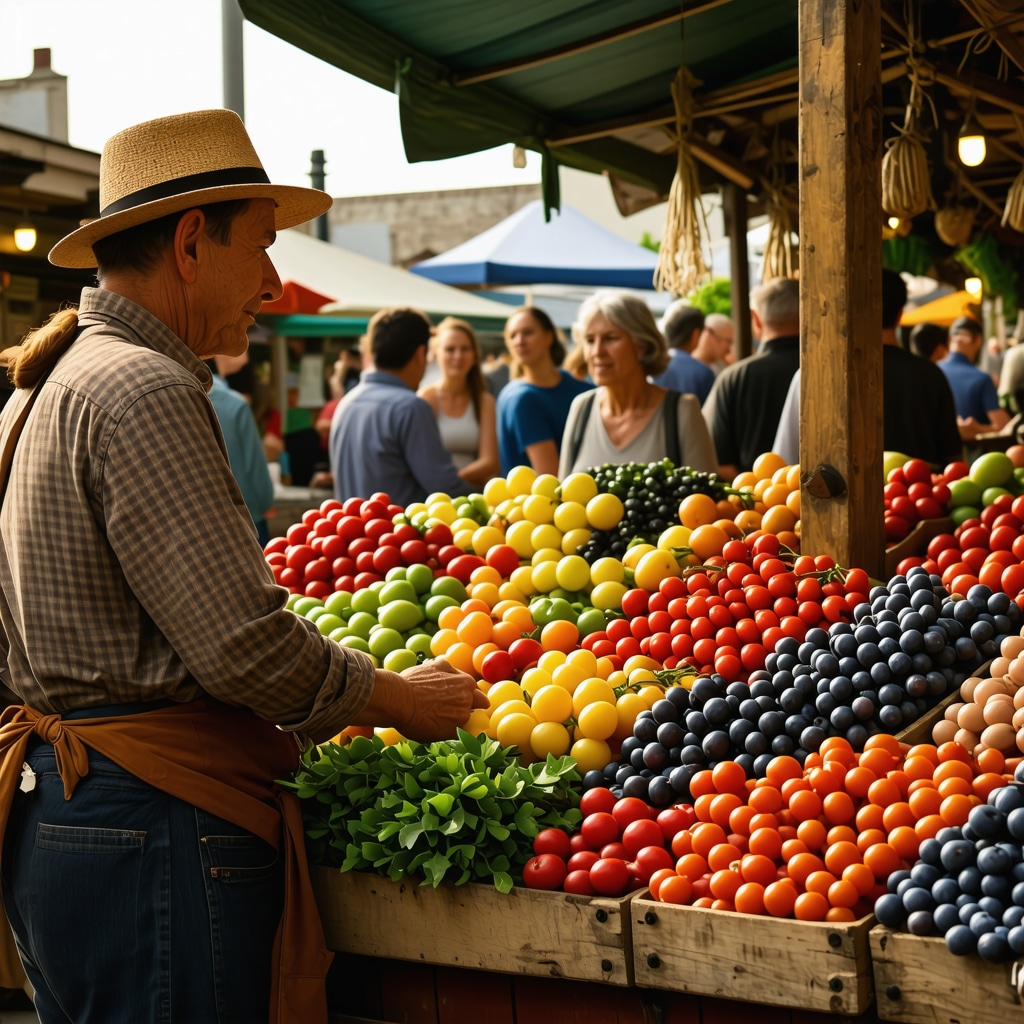 Organic fruits and vegetables at Serbian market with local farmers and consumers interacting