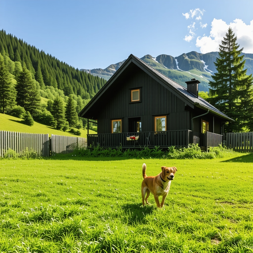 Pet friendly cabin with secure fenced yard and dog playing on Tara mountain