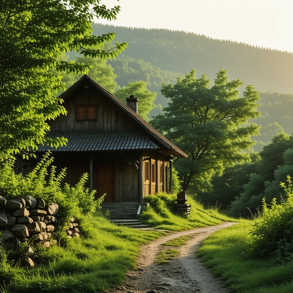 Cozy traditional wooden house in an ethno village in Serbia surrounded by nature at sunset