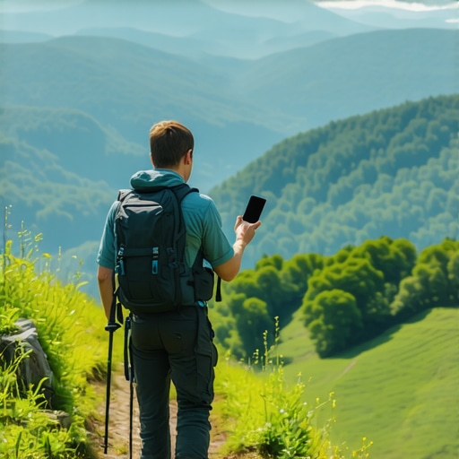 Hiker using GPS device on remote Serbian mountain trail