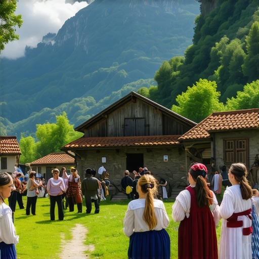 Scenic view of traditional Serbian village with historic houses and vibrant cultural life.