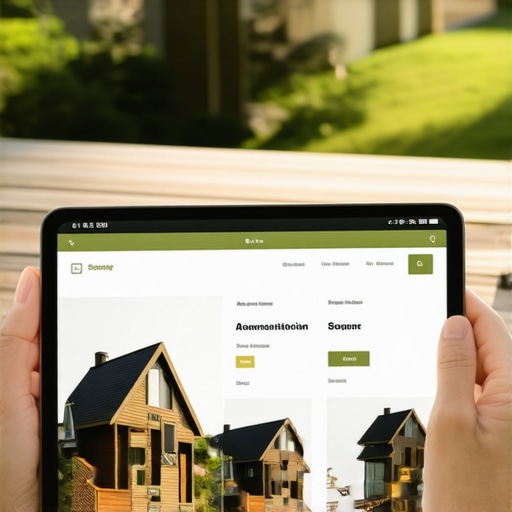 Digital tablet displaying eco-friendly accommodation booking interface in countryside setting