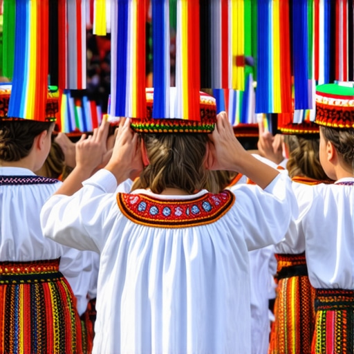 Serbian festival with traditional costumes and dance, enhanced with digital elements