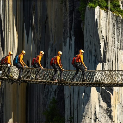 Avanturisti prelaze most preko kanjona u prirodi