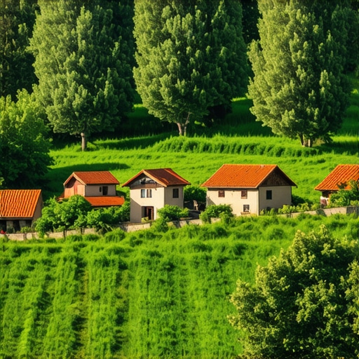 Expert analyzing rural Serbian village with traditional houses and landscape