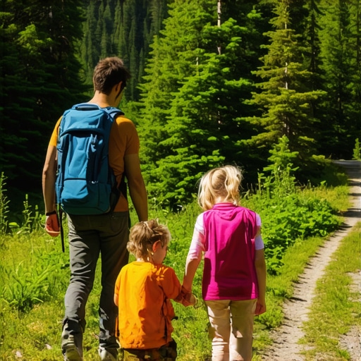 Family hiking in mountain forest with children and guide