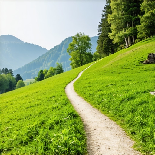 Expert hiking trail in Bavarian Alps surrounded by lush greenery and clear sky