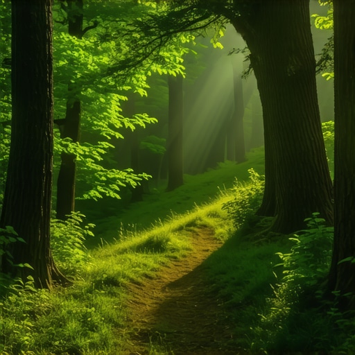 Serbian forest trail surrounded by dense greenery and sunlight.