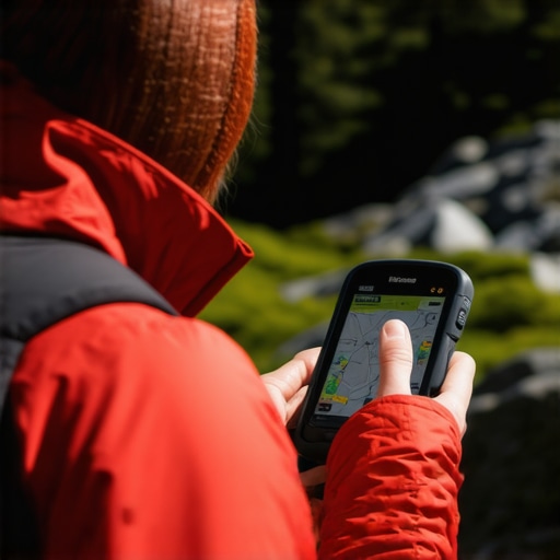 A hiker using GPS device on a mountain trail in Stara Planina, surrounded by lush greenery and rugged terrain.