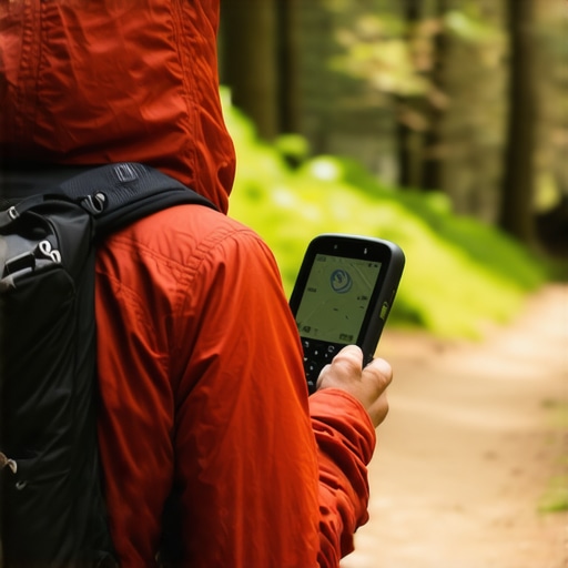 A hiker navigating a trail on Fruška Gora using GPS device in lush forest