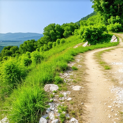 Hiking Trail in Golija Mountain Scenic view of a hiking trail in Golija mountain with lush green trees and clear sky