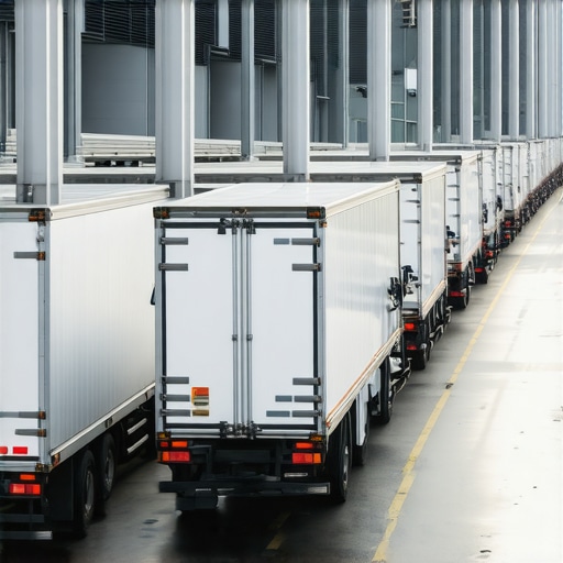 Logistics center with trucks and digital platforms facilitating organic food distribution