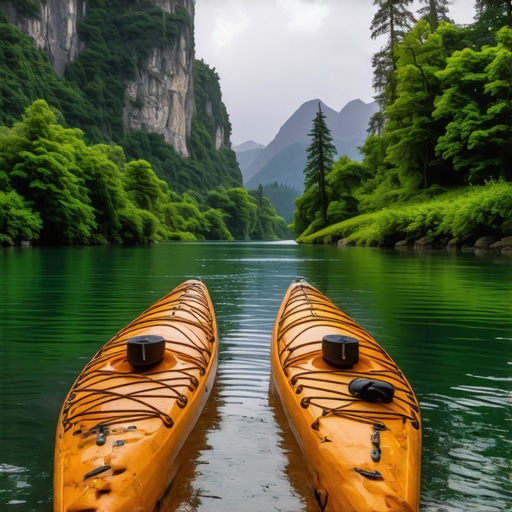 Serene river scene with kayaks and lush landscape