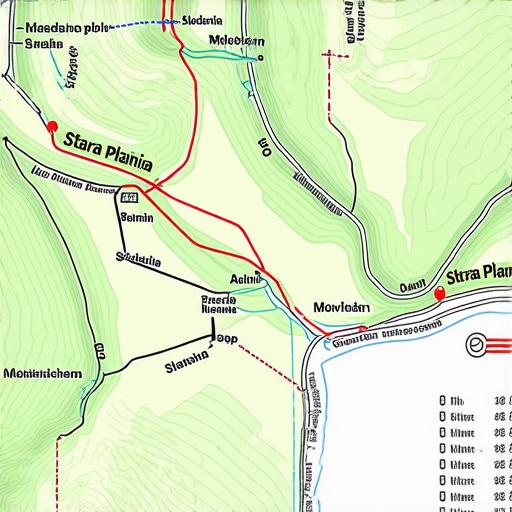 Mapa Staroj Planini sa označenim pešačkim stazama i vidikovcima