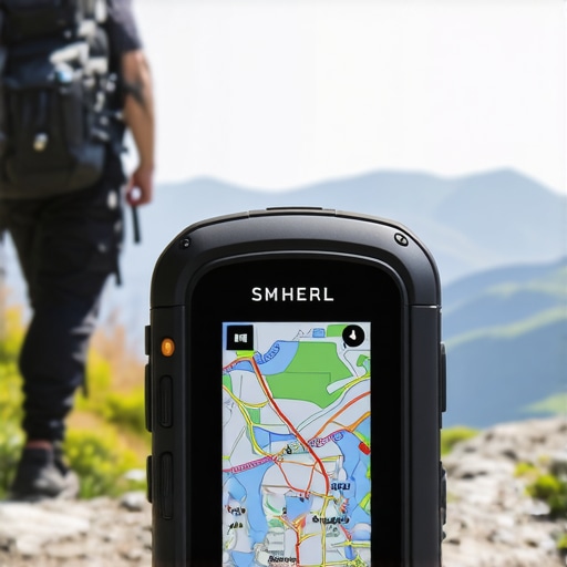 High-tech GPS device displaying detailed trail maps and safety options for hikers.