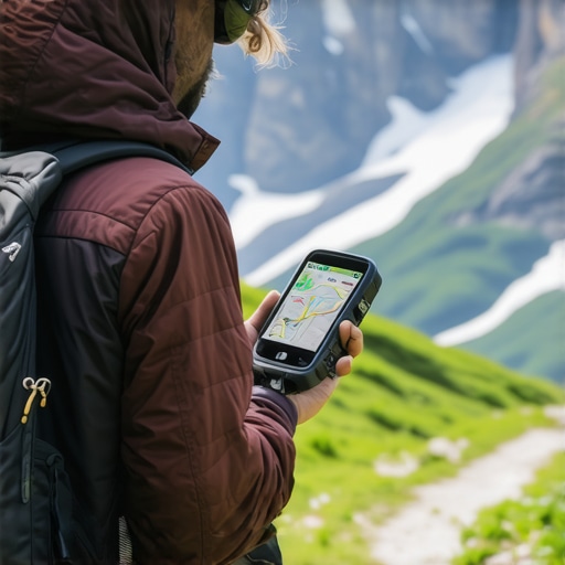 Hiker using GPS device on mountain trail in Serbia