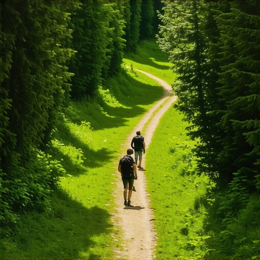 Hiking trail through green Serbian forest with hikers