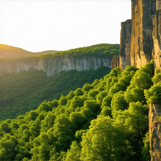 Očaravajući pejzaž Niševačke klisure Panoramski pogled na Niševačku klisuru sa zelenilom i stenama u zlatnom osvetljenju