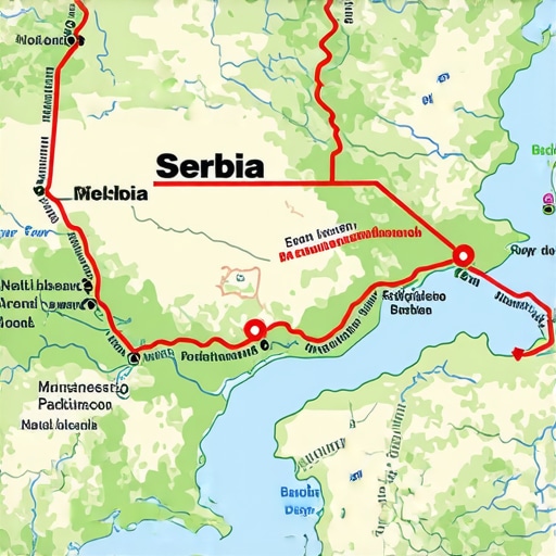 Digital map showing trail route with points of interest in Serbia