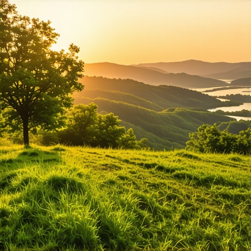 Beautiful panoramic view from mountain peak on Fruška Gora with greenery and river at sunset
