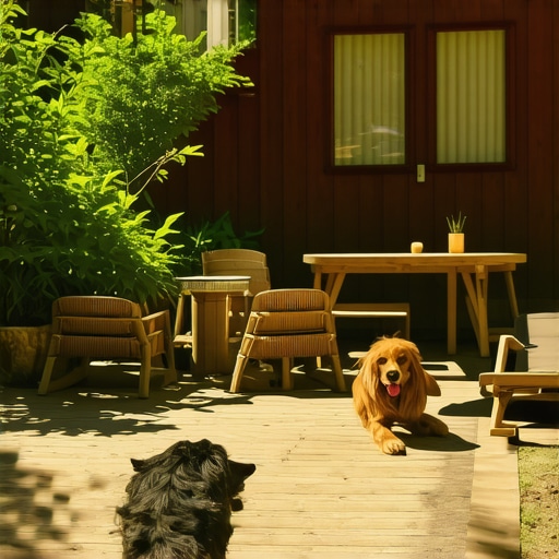 Cozy pet-friendly cabin on Tara with lush greenery and outdoor seating.