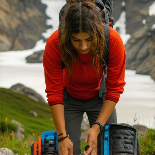 Priprema opreme za planinarenje Planinar pakira opremu na stazi sa prelepim planinskim pejzažem