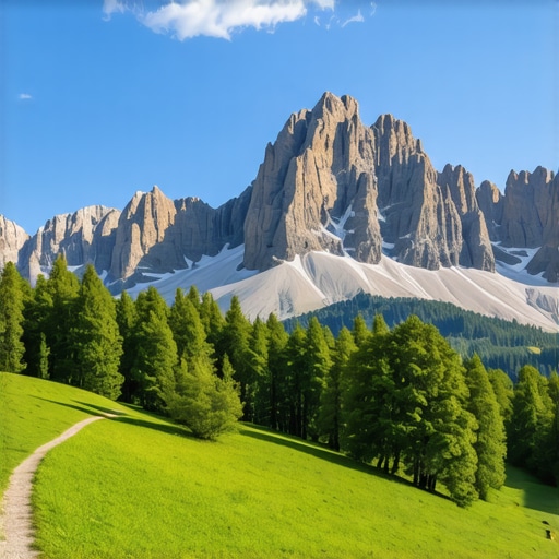 Beautiful landscape of the Dolomites in Italy with hiking trails and lush forests