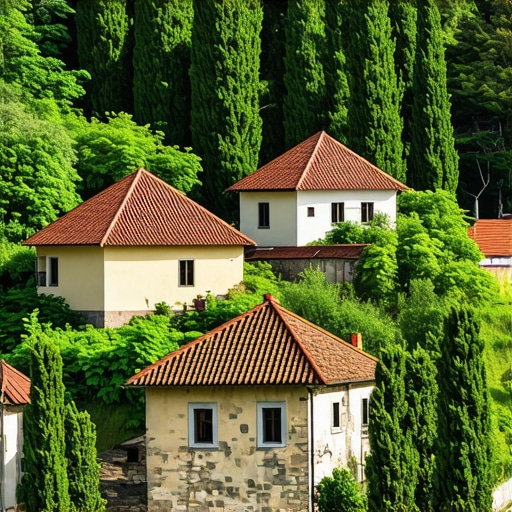 Rustic Serbian village surrounded by greenery and mountains, perfect for eco-tourism.
