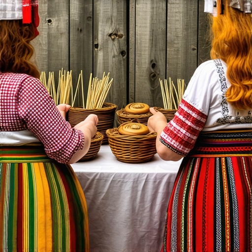 Traditional Serbian village scene with artisans, crafts, and scenic landscape