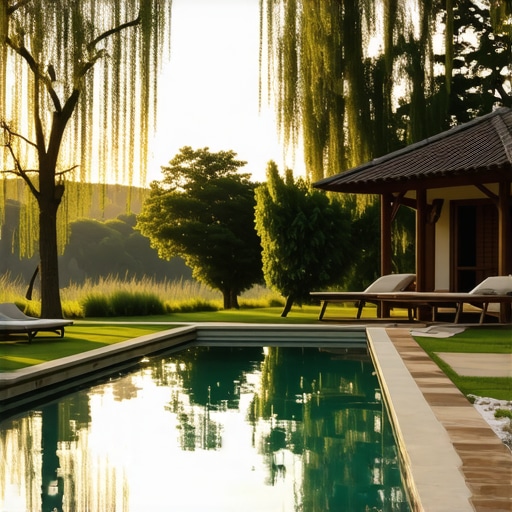 Traditional Serbian ethno village with a modern pool and lush surroundings at sunset