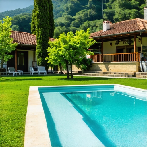 Traditional Serbian village with a modern pool surrounded by greenery