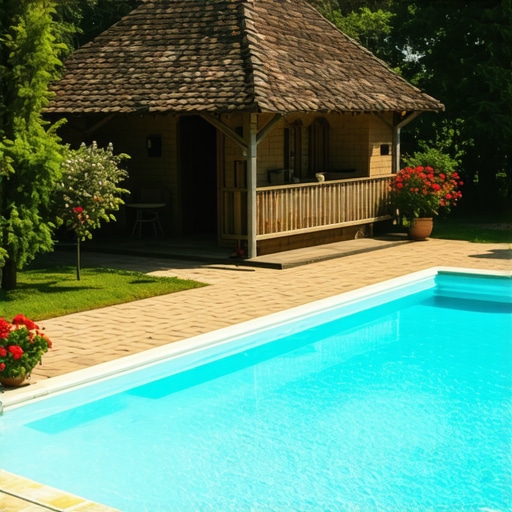 Serbian ethno village with swimming pool amid lush nature