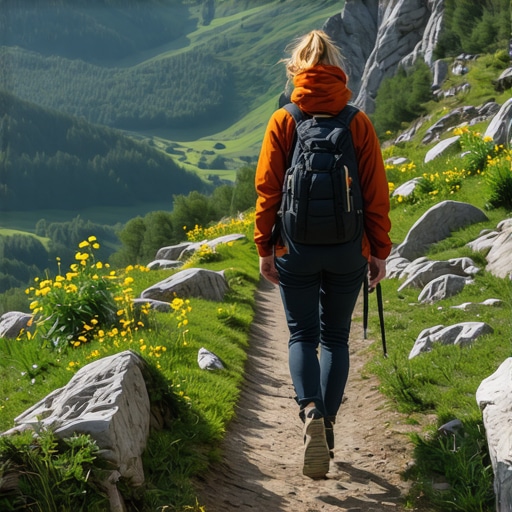 Hiker trekking on a scenic trail in Serbian mountains in spring
