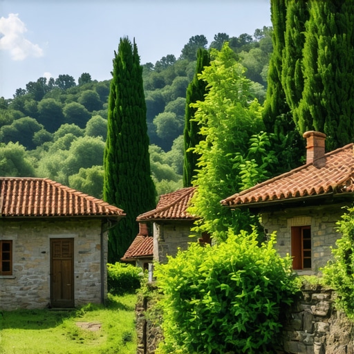 Rustic village scene with traditional houses surrounded by lush greenery