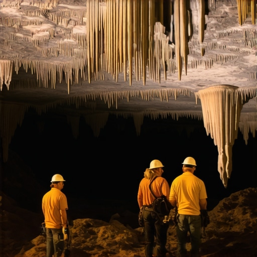 A team of spelunkers exploring a limestone cave with stalactites and stalagmites, illuminated by headlamps.
