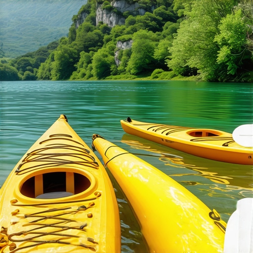 Spring kayaking on the Drina River Kayaks on the lush green banks of the Drina River during spring